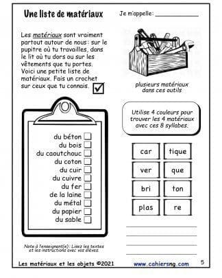 Les matériaux et les objets - (1re/2e) - Liste de matériaux