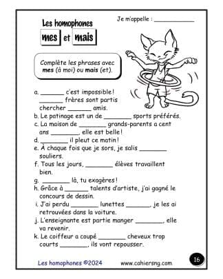 Les homophones - 4e/5e années - mais et mes